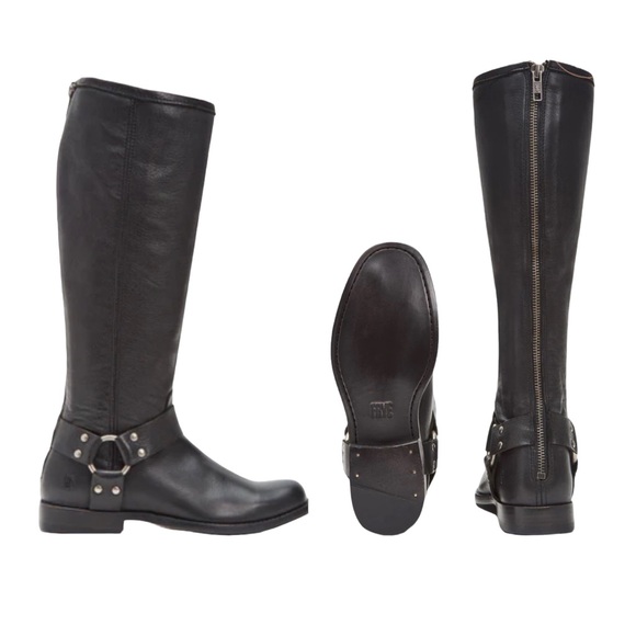 Frye Phillip Tall Black Leather Boots Back Zip Moto Equestrian Harness Sz 9.5 - Picture 15 of 16